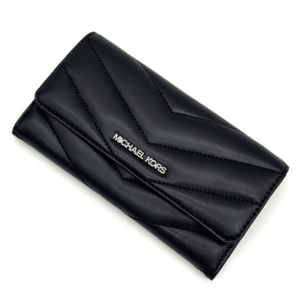 Michael Kors Large Quilted Trifold Wallet Black/Silver - Picture 1 of 7